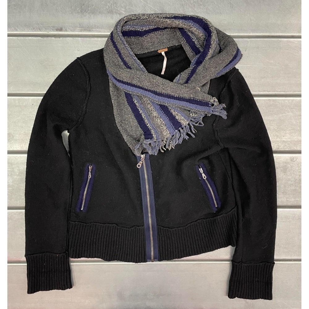 Free People Wool Cardigan Sweater Womens Large Black 100% Wool Zip Up‎ Scarf
